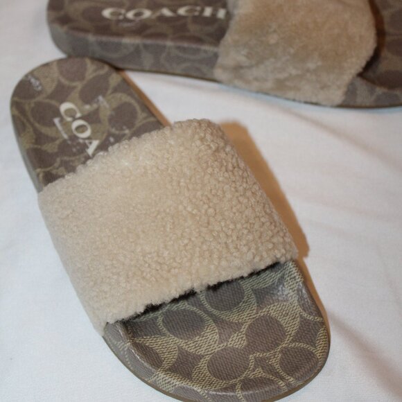 NIB COACH WOMEN'S ULLA SHEARLING LOGO‎ SLIDE IVORY SIGNATURE SZ 7 - Picture 3 of 6